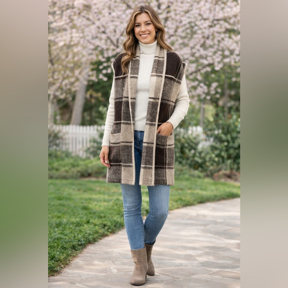 Nicole Miller New York Plaid Sleeveless Sweater Vest Longline Cardigan M